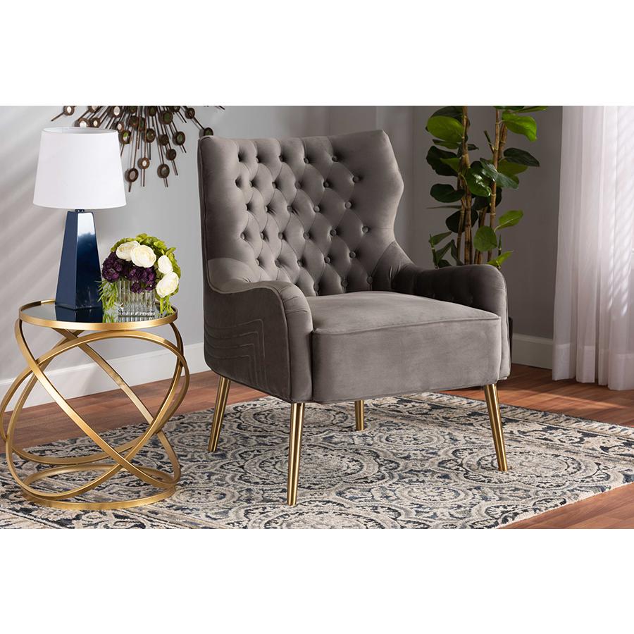 Luxe and Glam Grey Velvet Fabric Upholstered and Gold Finished Metal Armchair. Picture 8