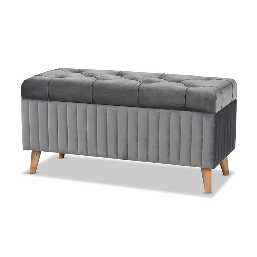 Grey Velvet Fabric Upholstered and Walnut Brown Finished Wood Storage Ottoman. Picture 1