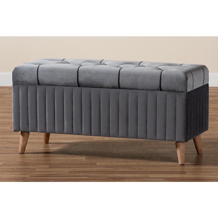 Grey Velvet Fabric Upholstered and Walnut Brown Finished Wood Storage Ottoman. Picture 10