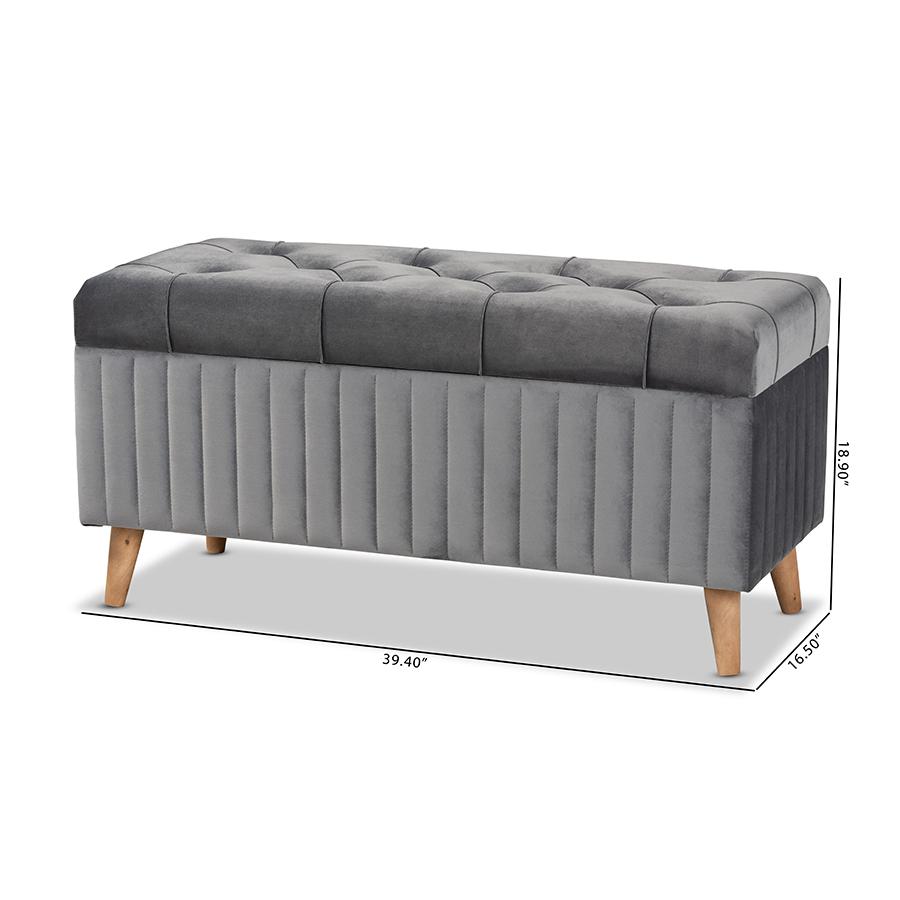 Grey Velvet Fabric Upholstered and Walnut Brown Finished Wood Storage Ottoman. Picture 11
