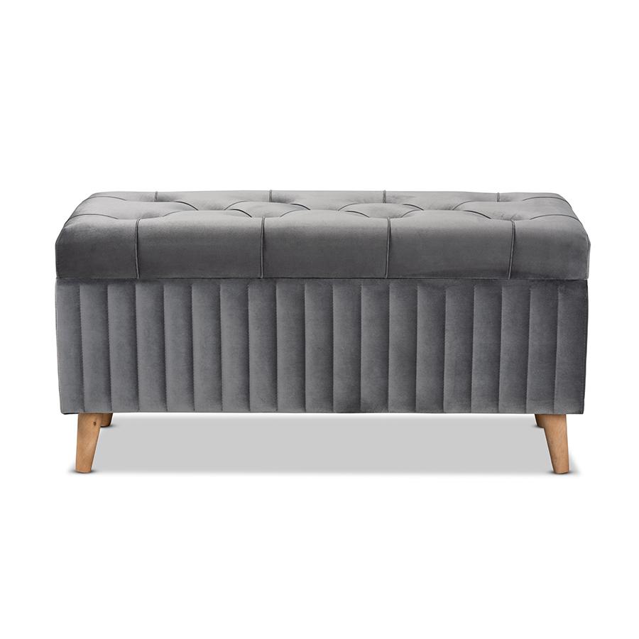 Grey Velvet Fabric Upholstered and Walnut Brown Finished Wood Storage Ottoman. Picture 3