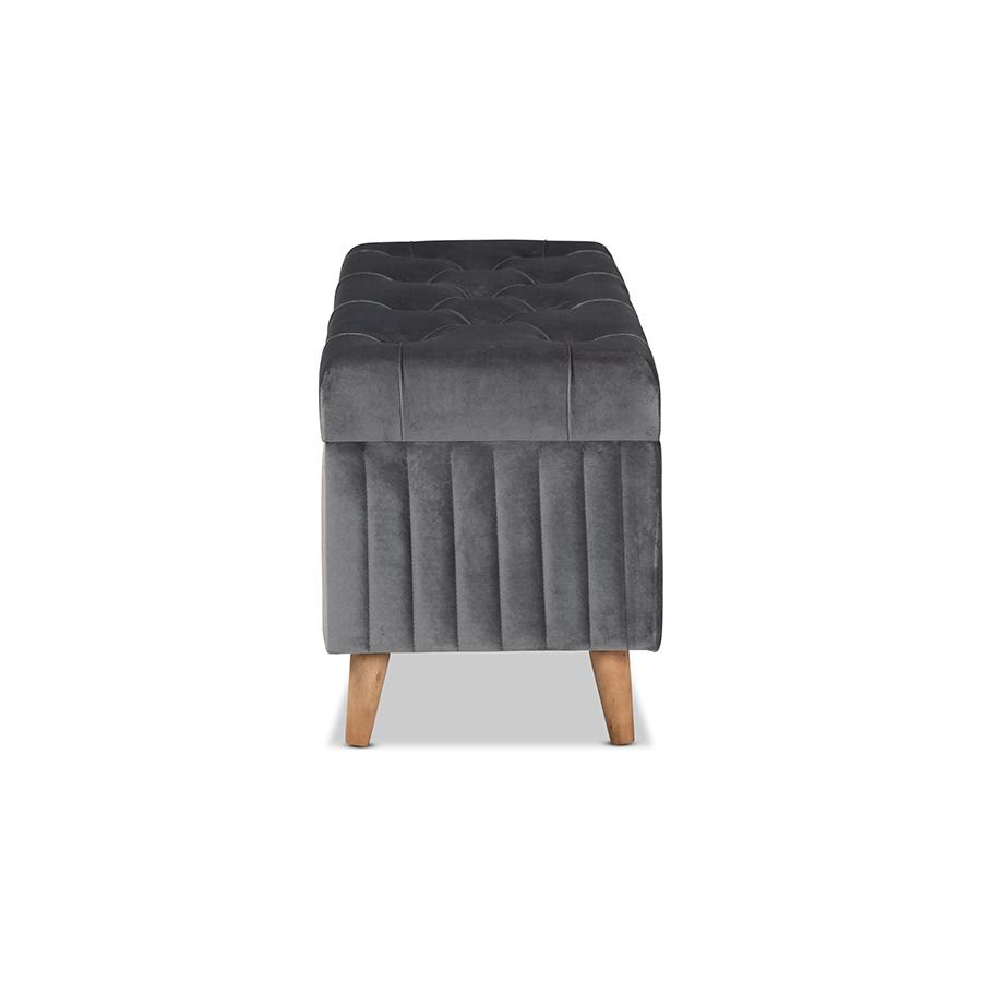 Grey Velvet Fabric Upholstered and Walnut Brown Finished Wood Storage Ottoman. Picture 4