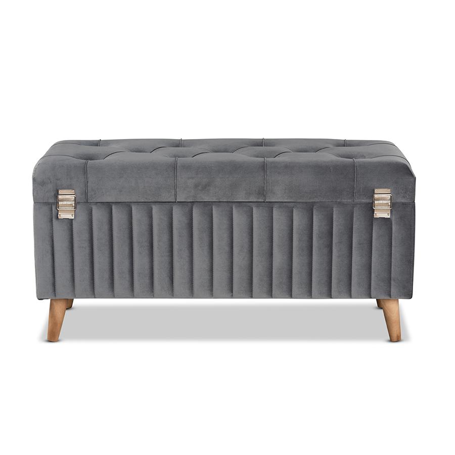 Grey Velvet Fabric Upholstered and Walnut Brown Finished Wood Storage Ottoman. Picture 5