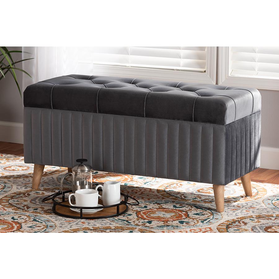 Grey Velvet Fabric Upholstered and Walnut Brown Finished Wood Storage Ottoman. Picture 8