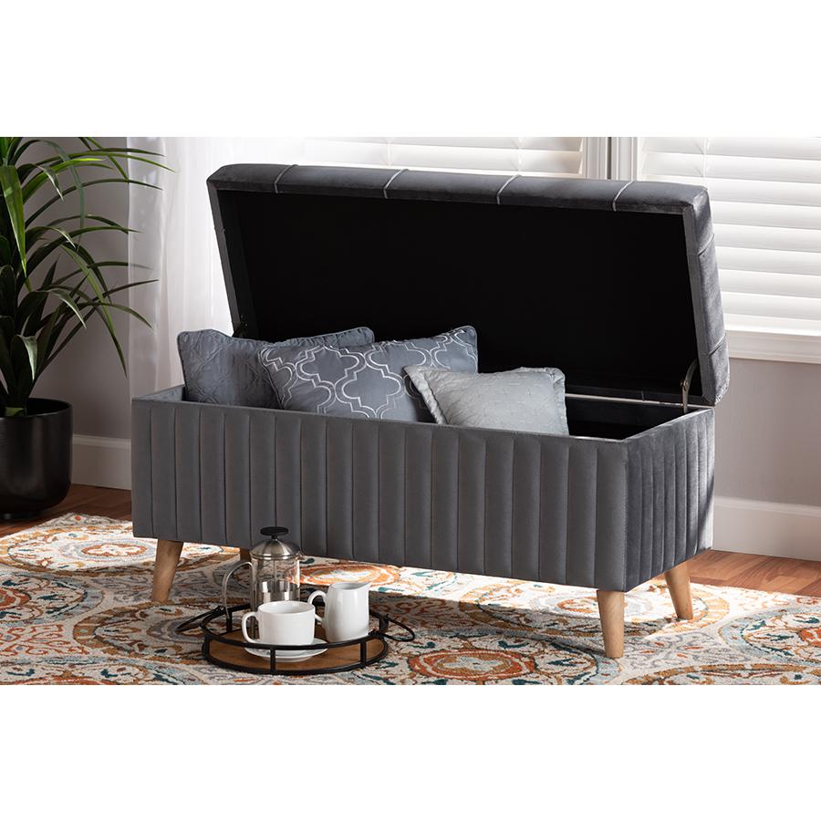 Grey Velvet Fabric Upholstered and Walnut Brown Finished Wood Storage Ottoman. Picture 9