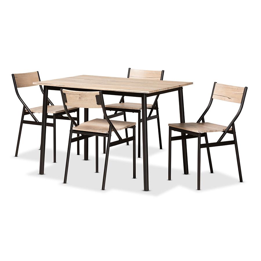 Oak Brown Finished Wood and Dark Brown Metal 5-Piece Dining Set. Picture 1