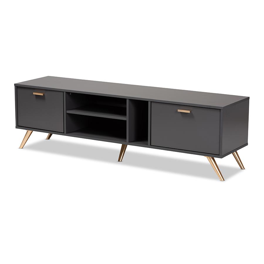 Kelson Modern and Contemporary Dark Grey and Gold Finished Wood TV Stand. Picture 1