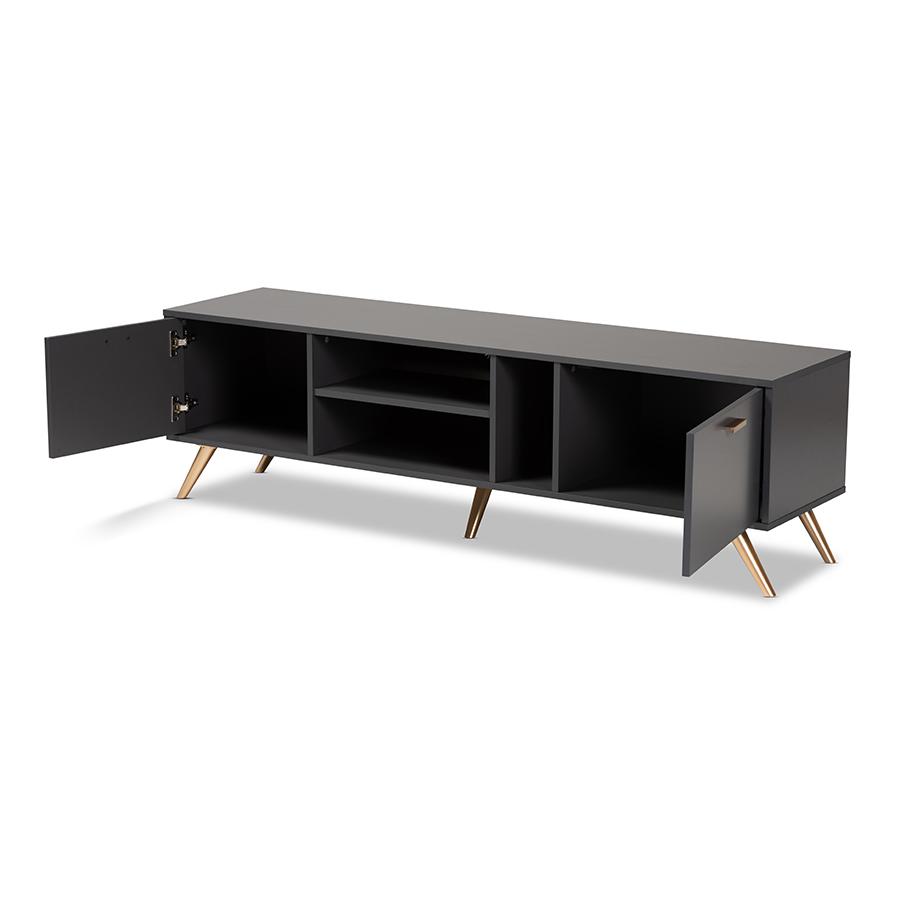 Kelson Modern and Contemporary Dark Grey and Gold Finished Wood TV Stand. Picture 2