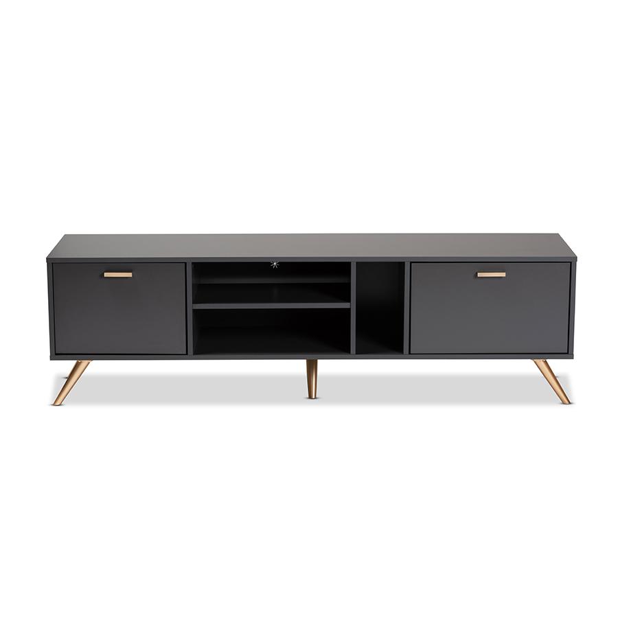 Kelson Modern and Contemporary Dark Grey and Gold Finished Wood TV Stand. Picture 3
