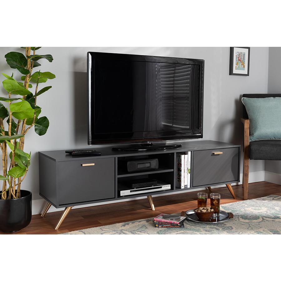 Kelson Modern and Contemporary Dark Grey and Gold Finished Wood TV Stand. Picture 7