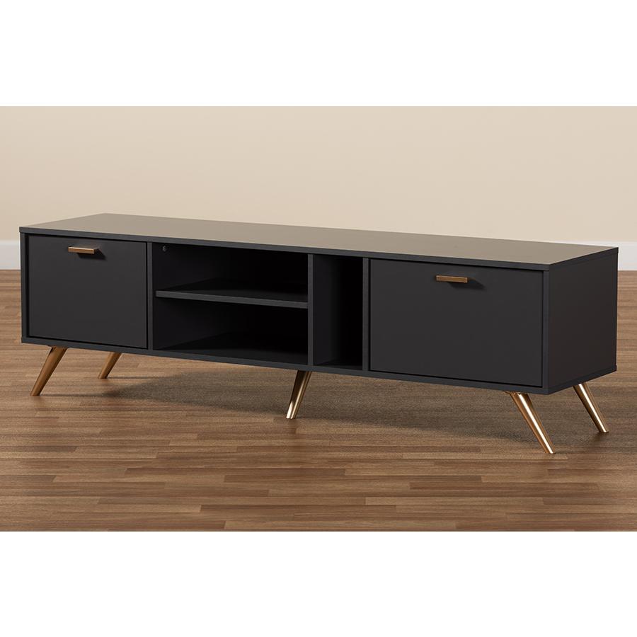 Kelson Modern and Contemporary Dark Grey and Gold Finished Wood TV Stand. Picture 8