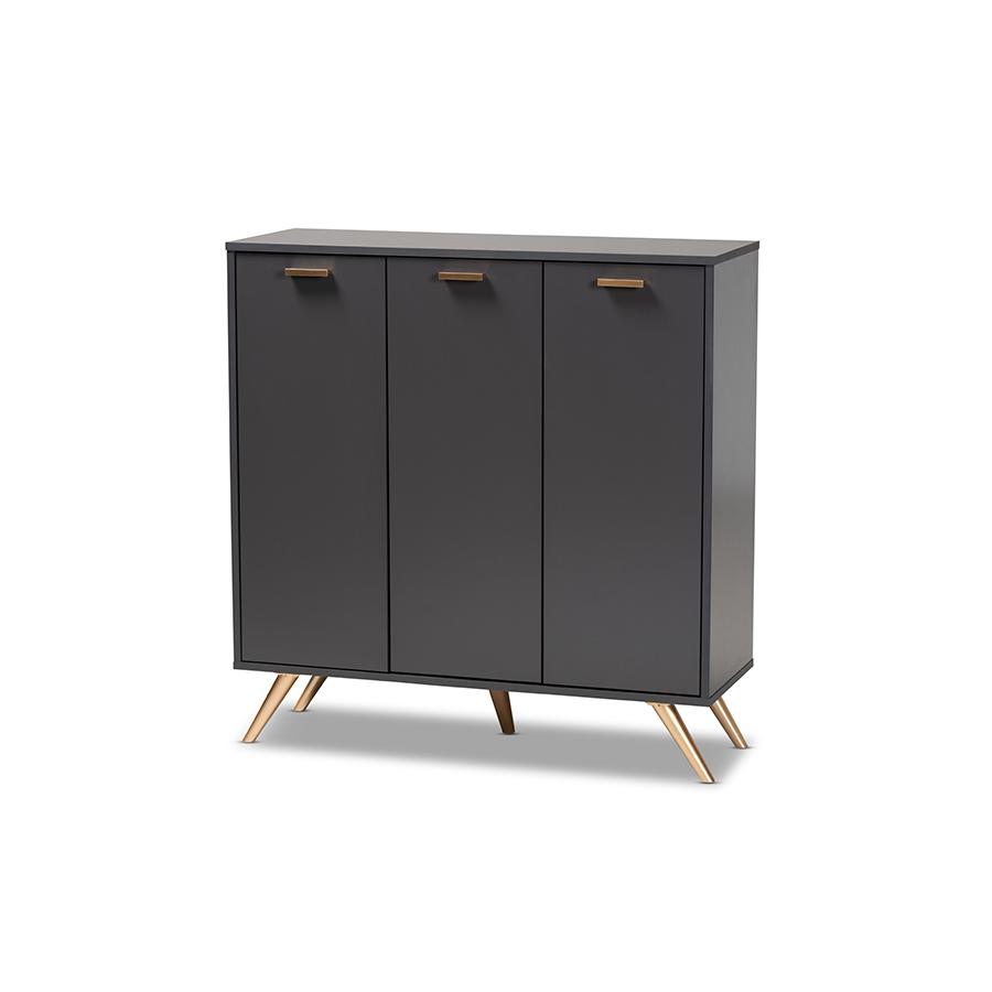 Dark Grey and Gold Finished Wood 3-Door Shoe Cabinet. Picture 1