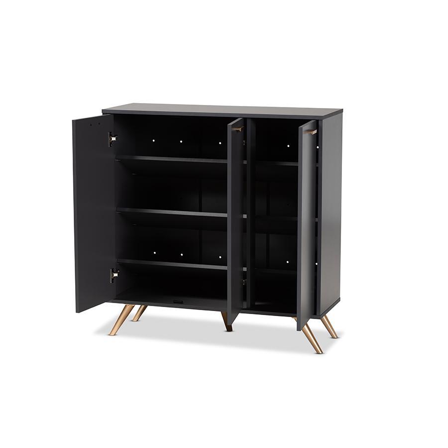 Dark Grey and Gold Finished Wood 3-Door Shoe Cabinet. Picture 2