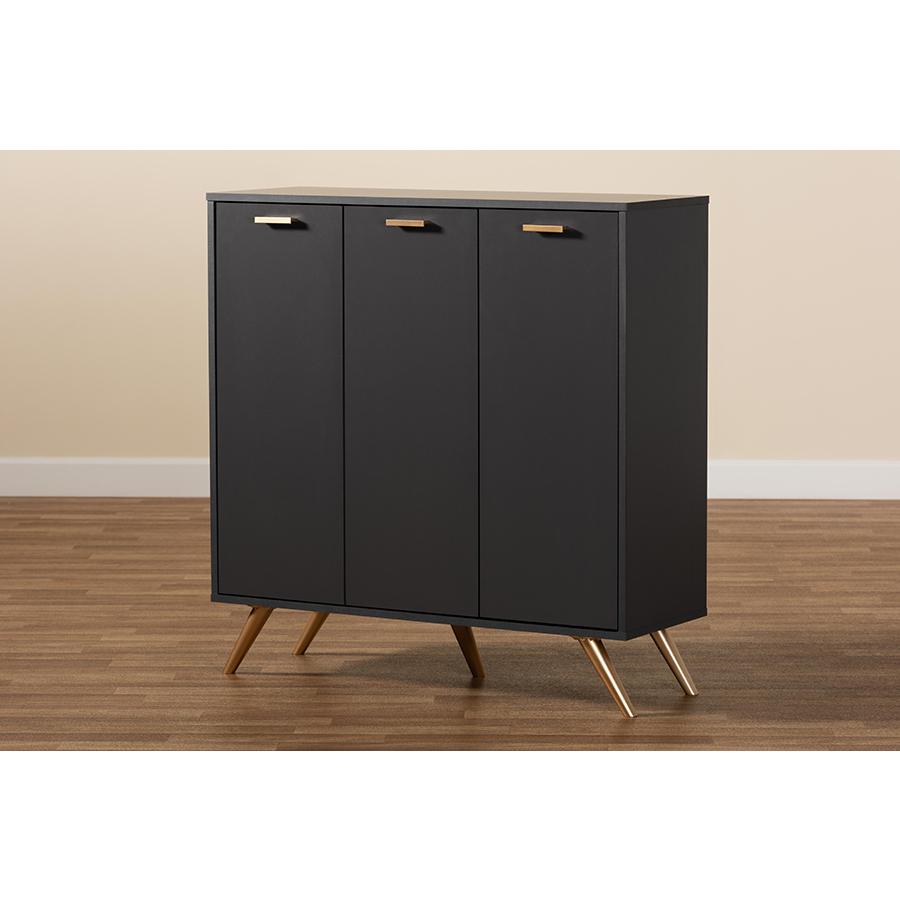 Dark Grey and Gold Finished Wood 3-Door Shoe Cabinet. Picture 9