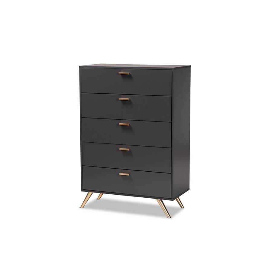 Kelson Modern and Contemporary Dark Grey and Gold Finished Wood 5-Drawer Chest. Picture 1