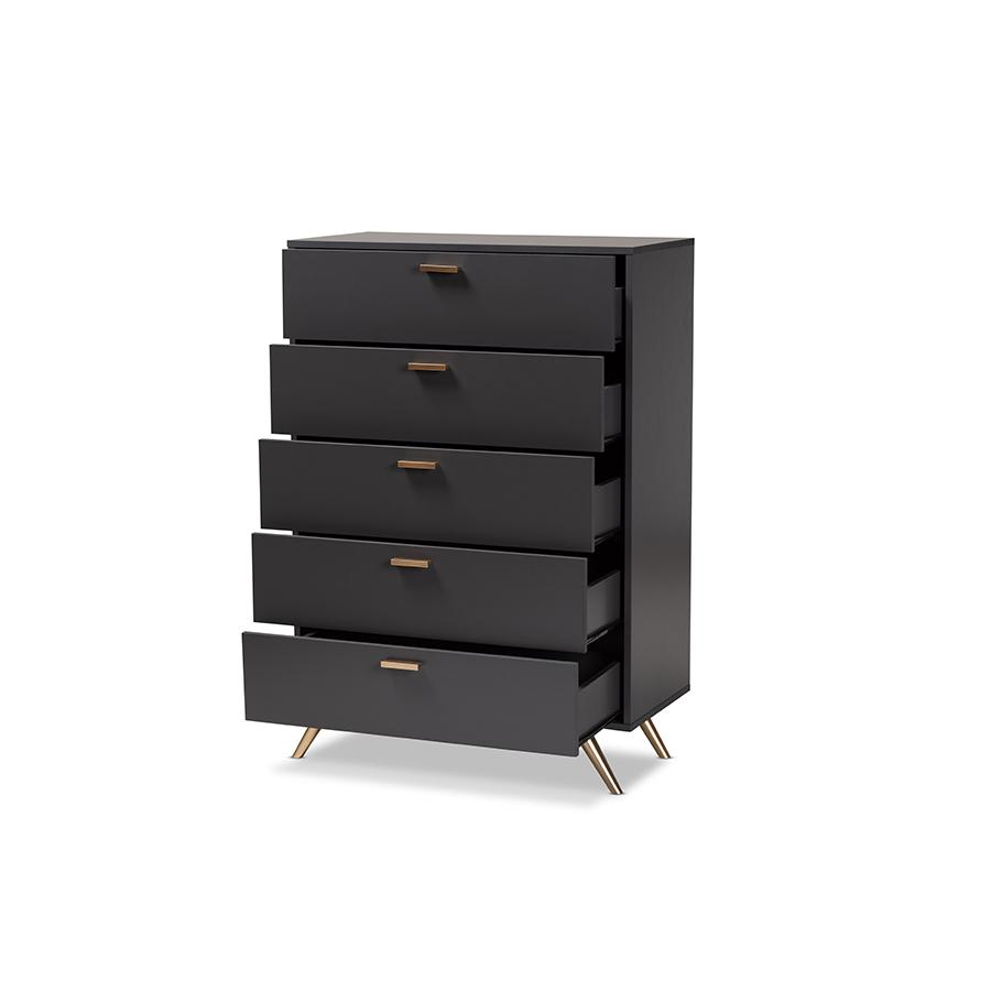 Kelson Modern and Contemporary Dark Grey and Gold Finished Wood 5-Drawer Chest. Picture 2