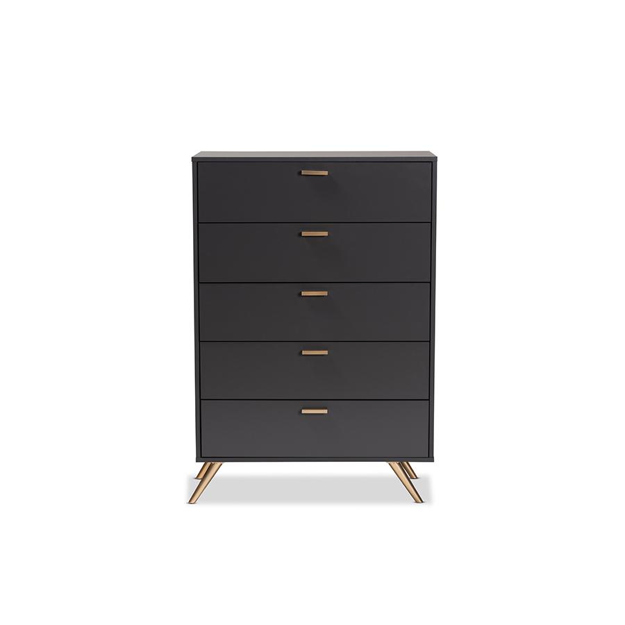 Kelson Modern and Contemporary Dark Grey and Gold Finished Wood 5-Drawer Chest. Picture 3