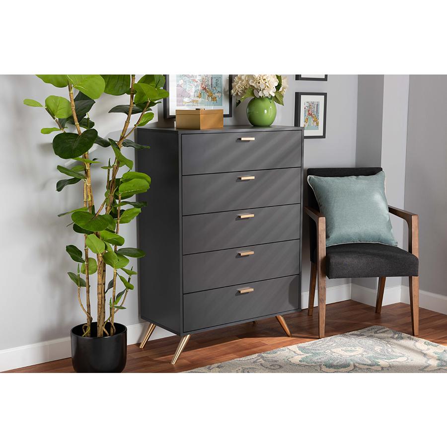 Kelson Modern and Contemporary Dark Grey and Gold Finished Wood 5-Drawer Chest. Picture 7