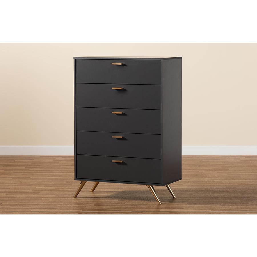 Kelson Modern and Contemporary Dark Grey and Gold Finished Wood 5-Drawer Chest. Picture 8