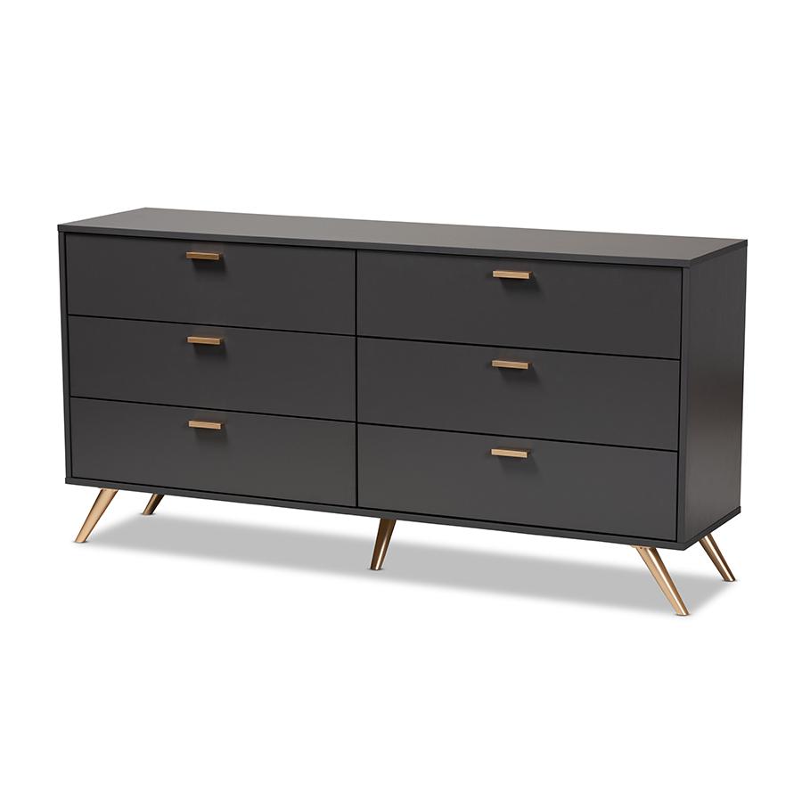 Kelson Modern and Contemporary Dark Grey and Gold Finished Wood 6-Drawer Dresser. Picture 1