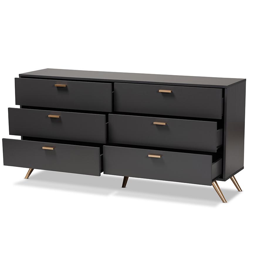 Kelson Modern and Contemporary Dark Grey and Gold Finished Wood 6-Drawer Dresser. Picture 2