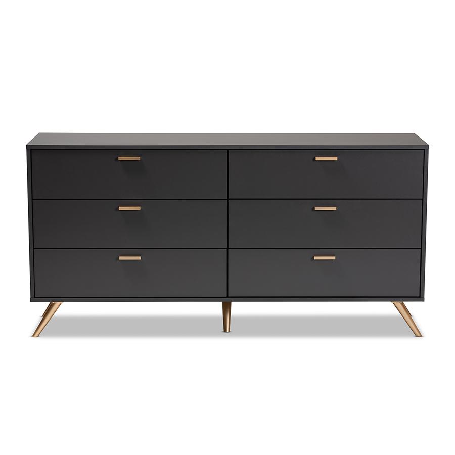 Kelson Modern and Contemporary Dark Grey and Gold Finished Wood 6-Drawer Dresser. Picture 3