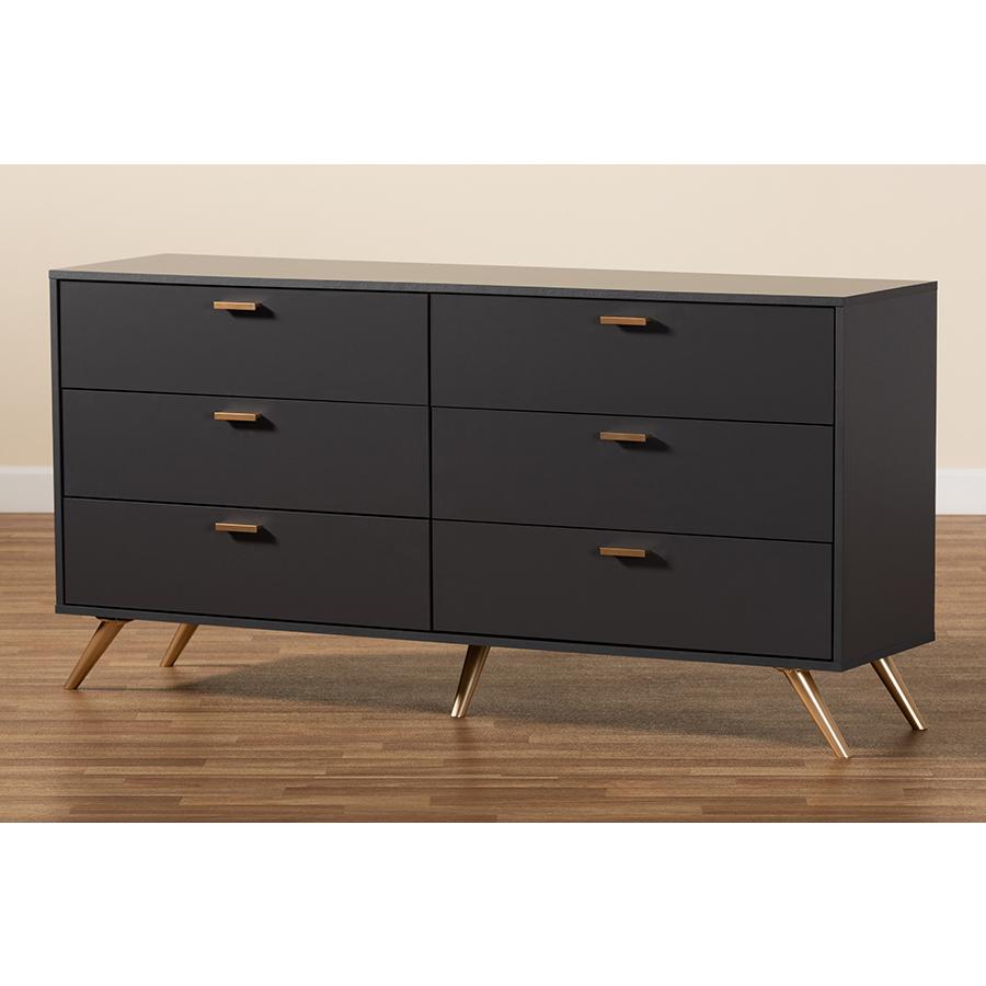 Kelson Modern and Contemporary Dark Grey and Gold Finished Wood 6-Drawer Dresser. Picture 8