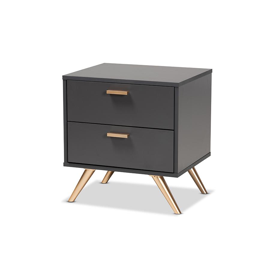 Dark Grey and Gold Finished Wood 2-Drawer Nightstand. Picture 1