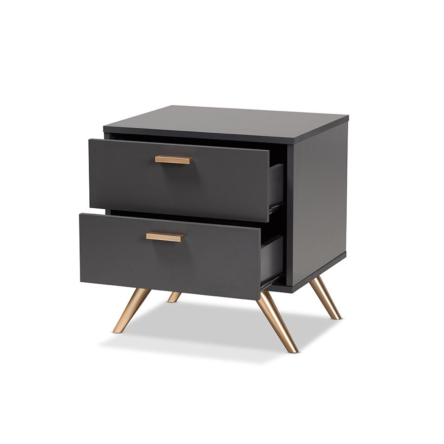 Dark Grey and Gold Finished Wood 2-Drawer Nightstand. Picture 2