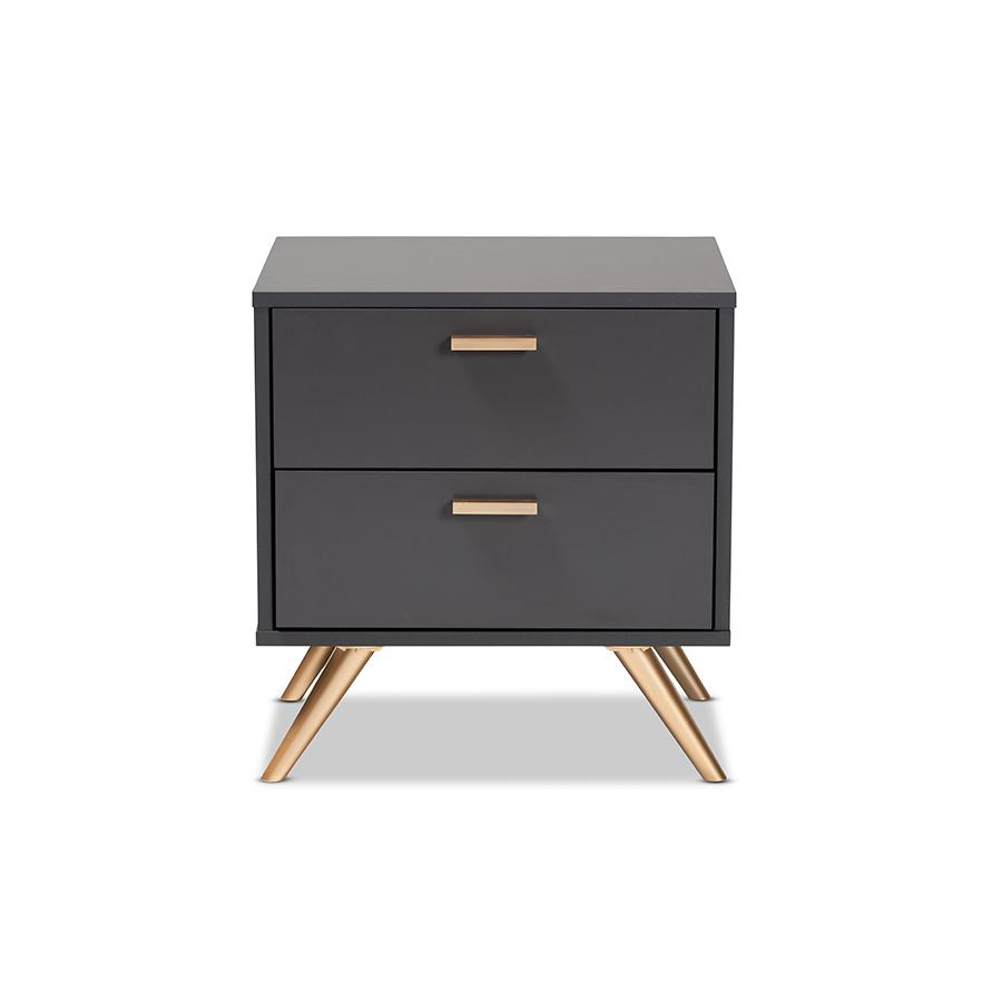 Dark Grey and Gold Finished Wood 2-Drawer Nightstand. Picture 3