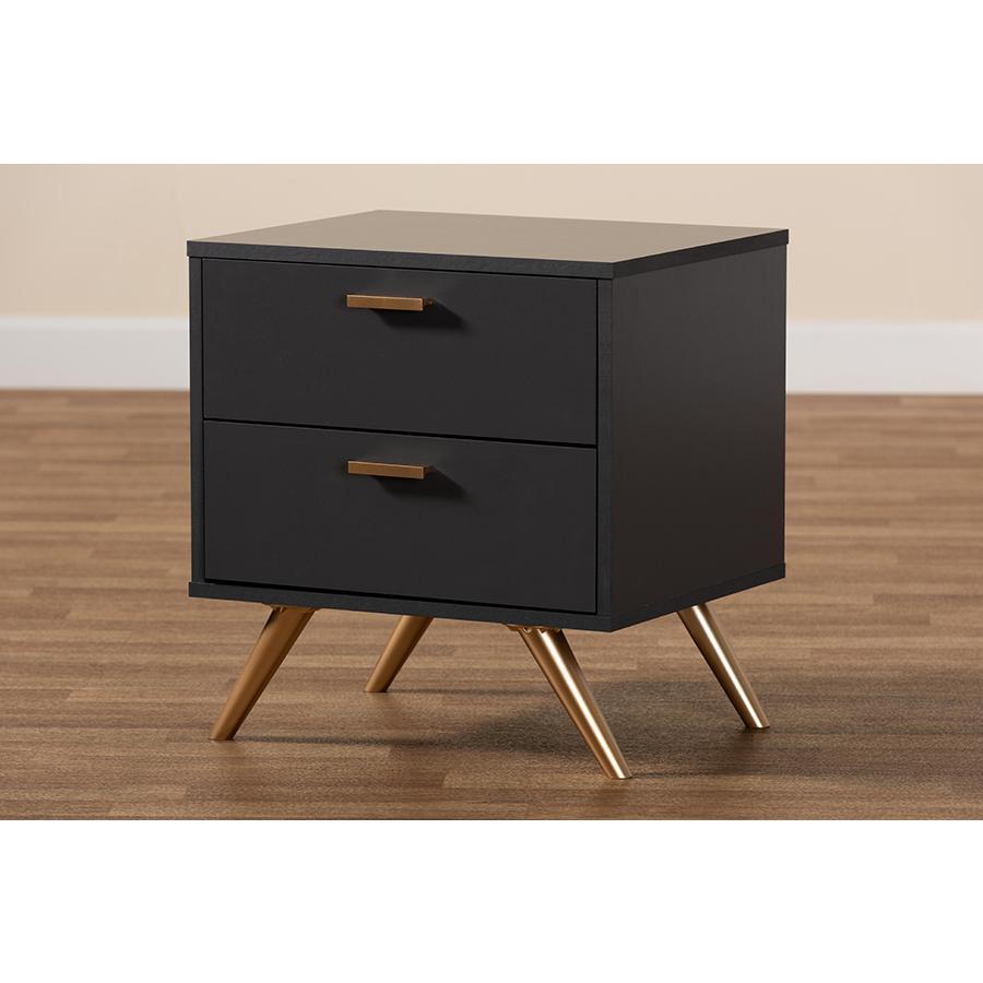 Dark Grey and Gold Finished Wood 2-Drawer Nightstand. Picture 8