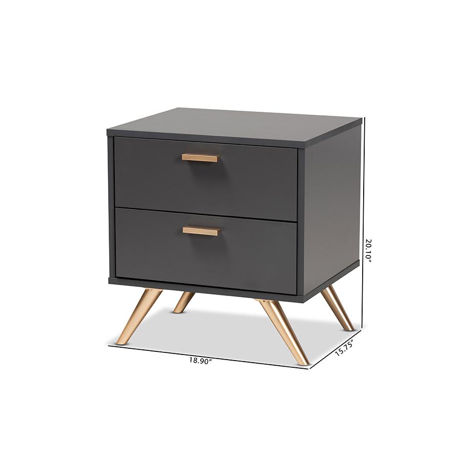 Dark Grey and Gold Finished Wood 2-Drawer Nightstand. Picture 9