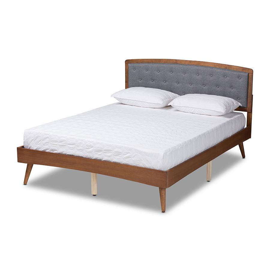 Baxton Studio Ratana Mid-Century Modern Transitional Grey Fabric Upholstered and Walnut Brown Finished Wood Full Size Platform Bed. Picture 1