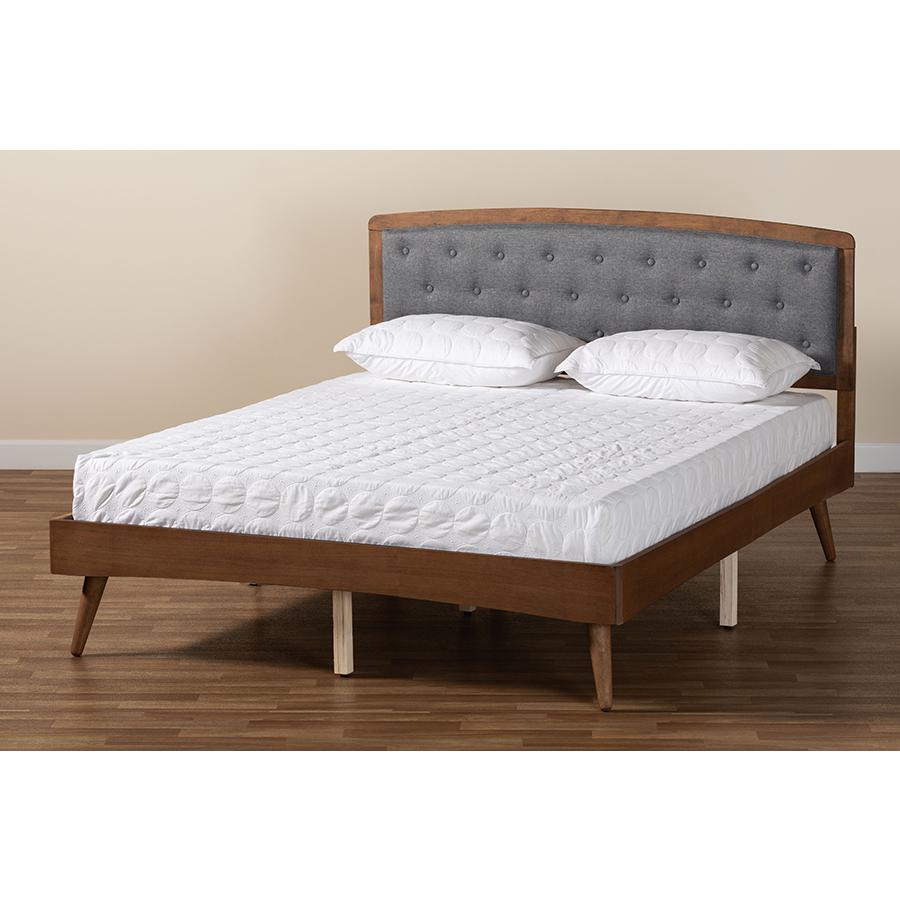 Baxton Studio Ratana Mid-Century Modern Transitional Grey Fabric Upholstered and Walnut Brown Finished Wood Full Size Platform Bed. Picture 9