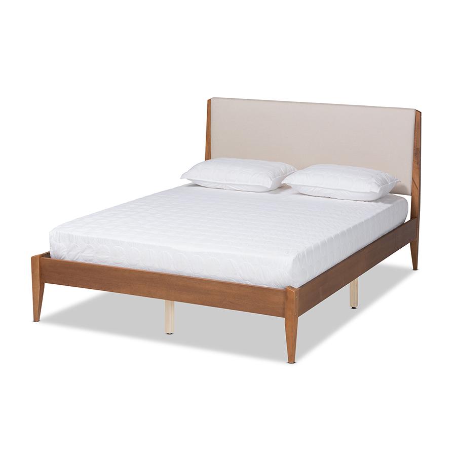 Beige Fabric Upholstered and Walnut Brown Finished Wood Full Size Platform Bed. Picture 1