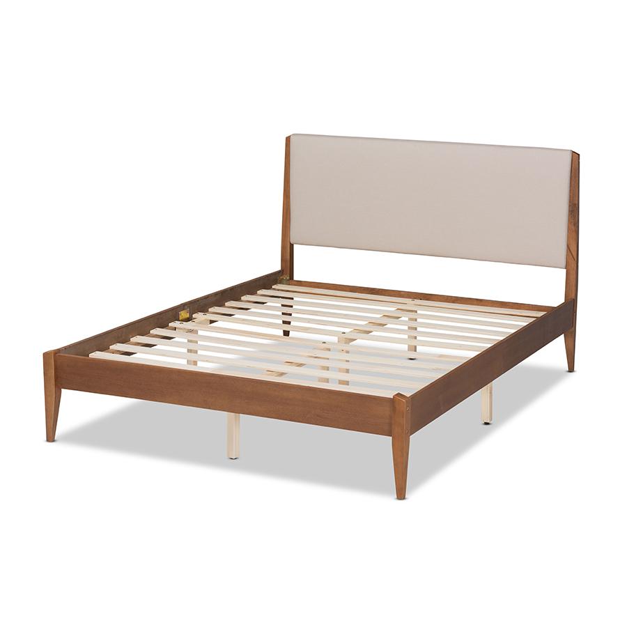 Beige Fabric Upholstered and Walnut Brown Finished Wood Full Size Platform Bed. Picture 3