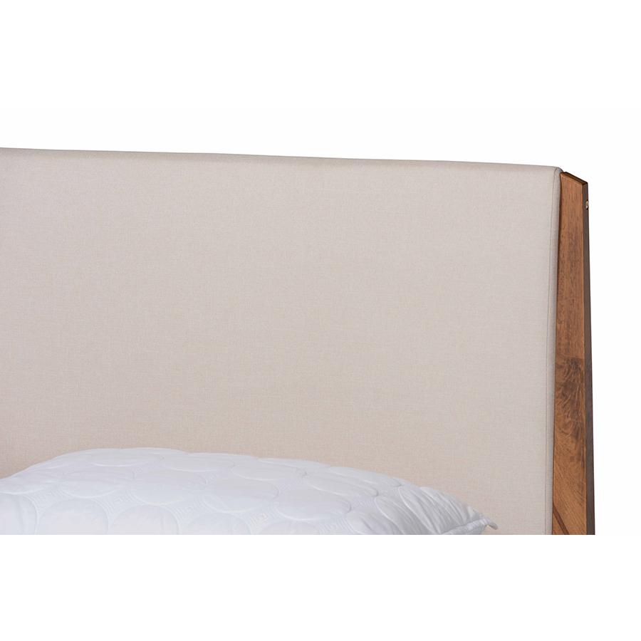 Beige Fabric Upholstered and Walnut Brown Finished Wood Full Size Platform Bed. Picture 4