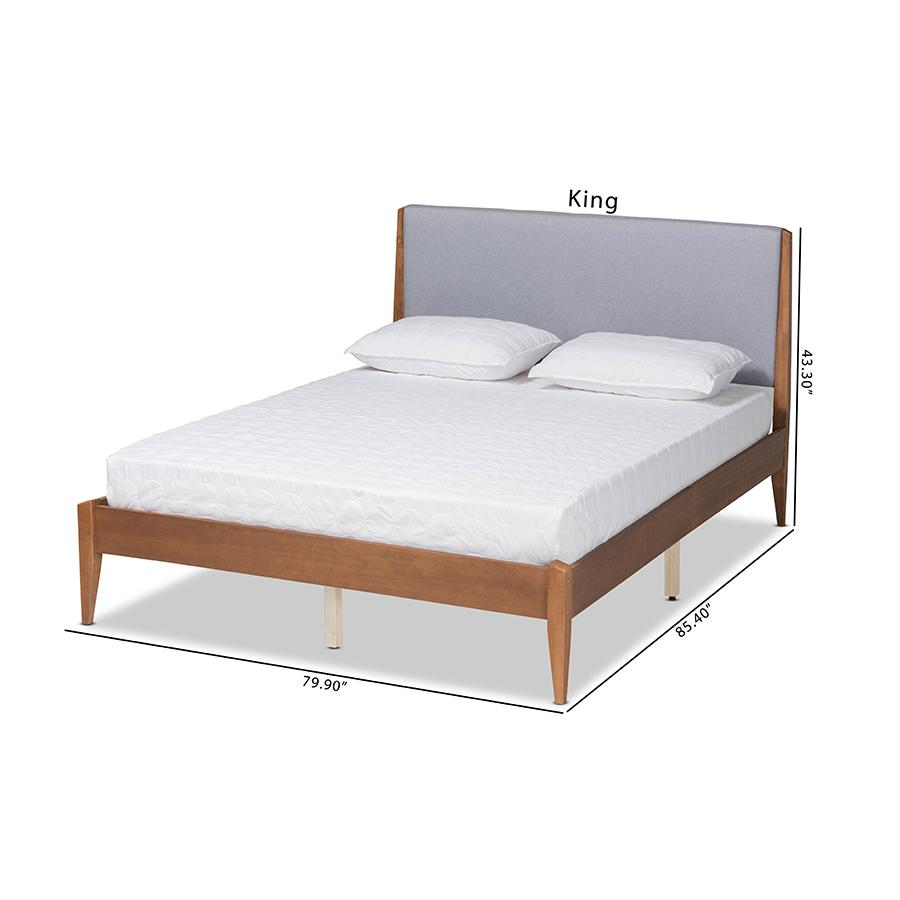 Grey Fabric Upholstered and Walnut Brown Finished Wood King Size Platform Bed. Picture 11