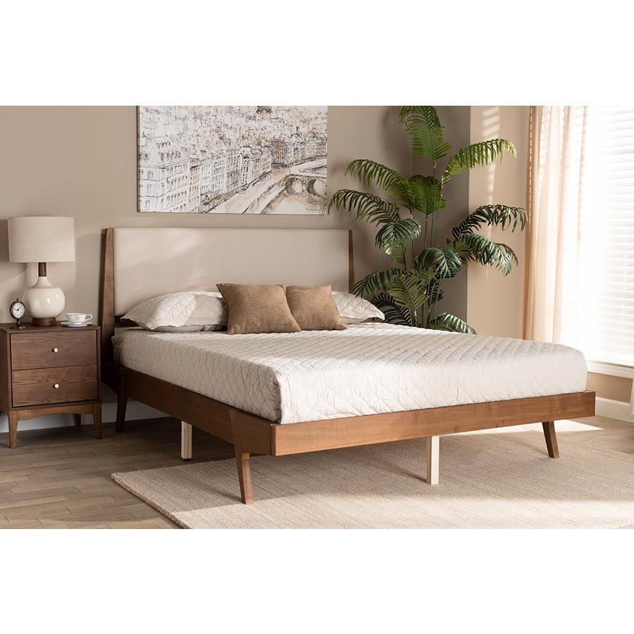Beige Fabric Upholstered and Walnut Brown Finished Wood Full Size Platform Bed. Picture 7