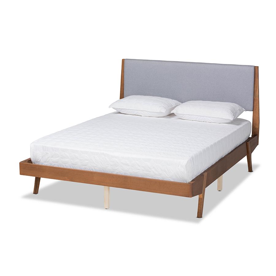Baxton Studio Senna Mid-Century Modern Grey Fabric Upholstered and Walnut Brown Finished Wood Full Size Platform Bed. Picture 1