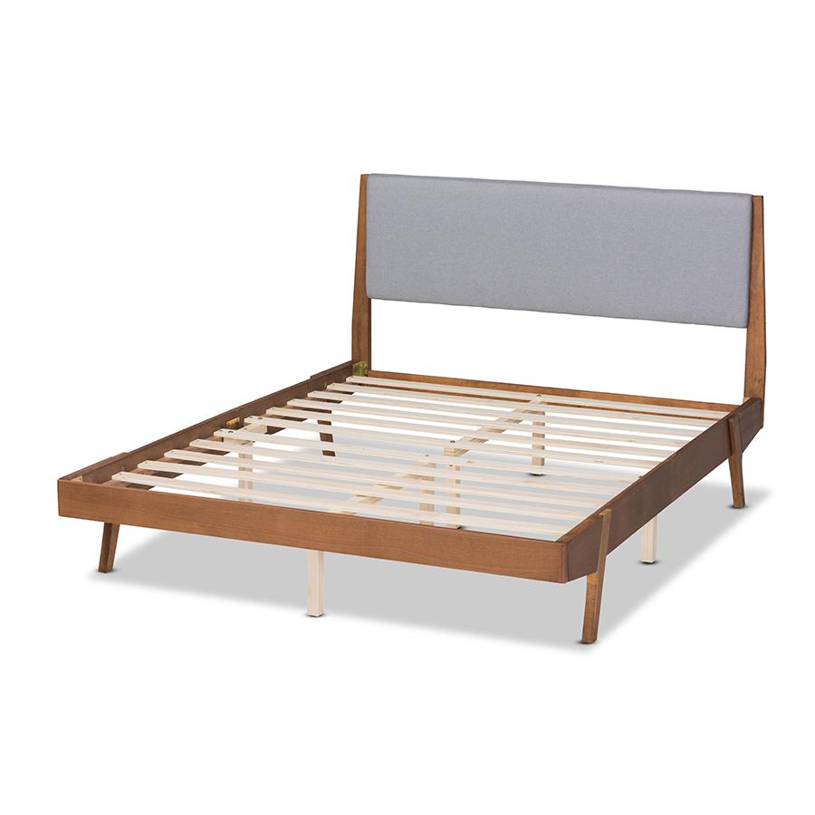 Grey Fabric Upholstered and Walnut Brown Finished Wood King Size Platform Bed. Picture 3