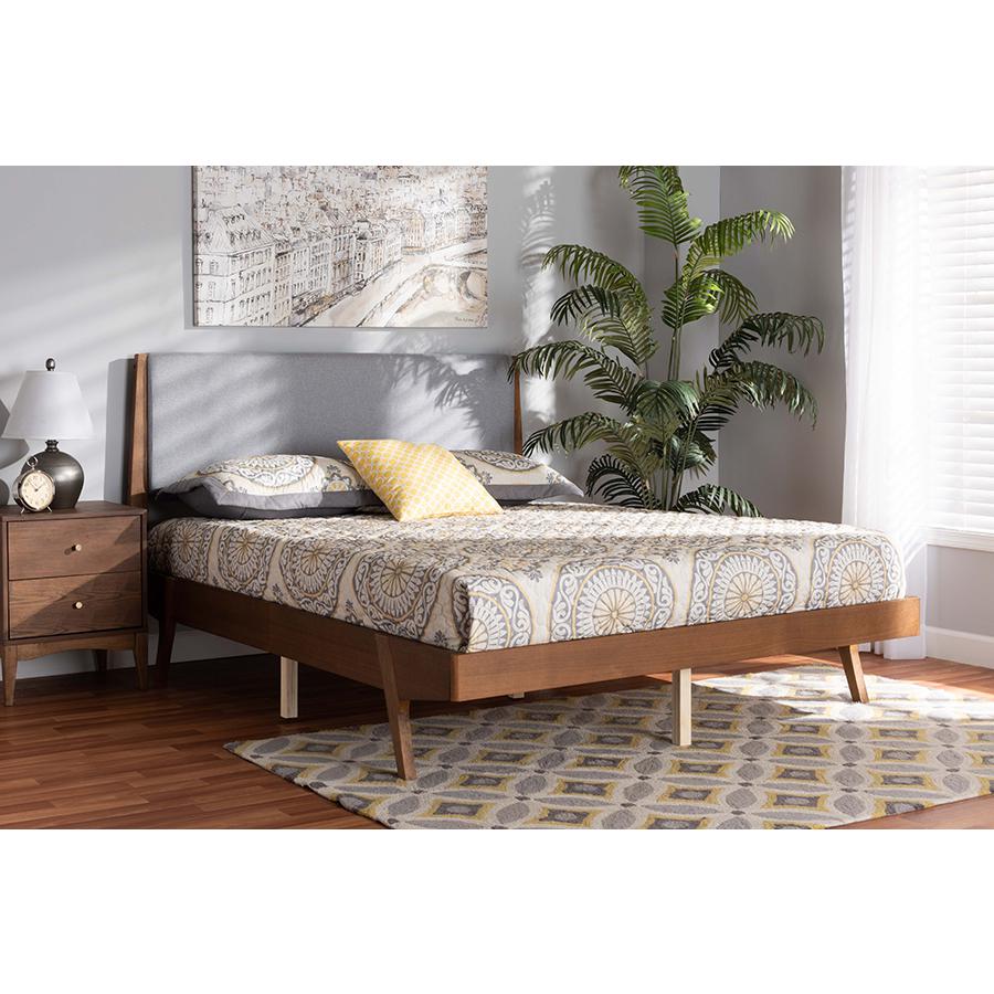 Grey Fabric Upholstered and Walnut Brown Finished Wood King Size Platform Bed. Picture 7
