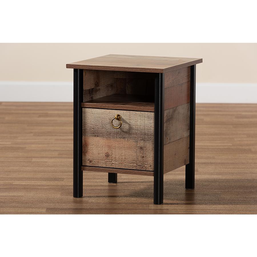 Two-Tone Rustic Oak Brown and Black Finished Wood Nightstand. Picture 8