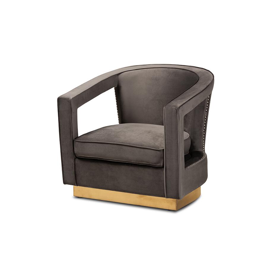 Baxton Studio Neville Modern Luxe and Glam Grey Velvet Fabric Upholstered and Gold Finished Metal Armchair. The main picture.