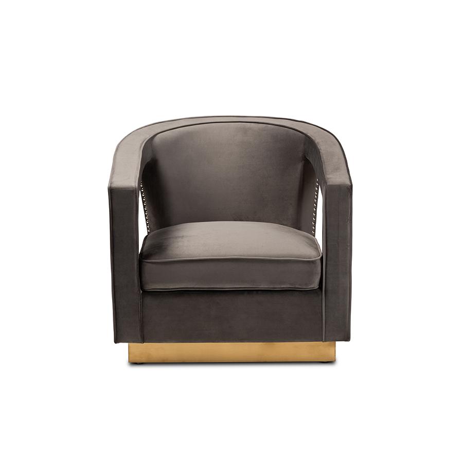 Baxton Studio Neville Modern Luxe and Glam Grey Velvet Fabric Upholstered and Gold Finished Metal Armchair. Picture 2