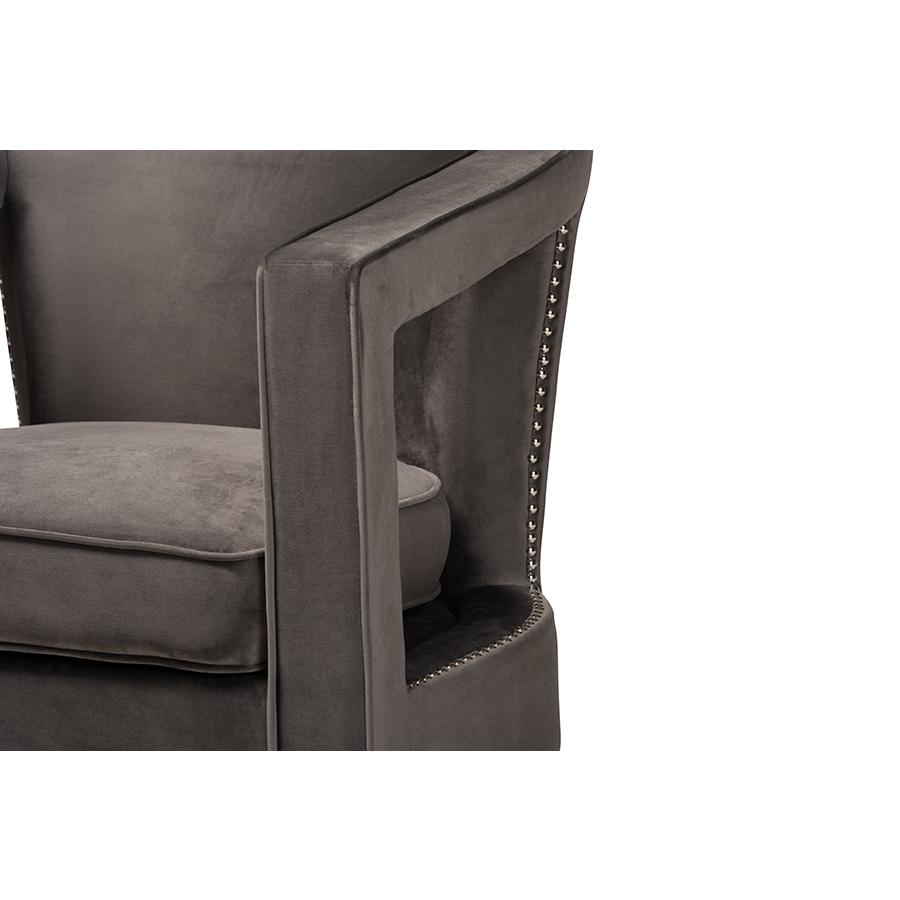 Baxton Studio Neville Modern Luxe and Glam Grey Velvet Fabric Upholstered and Gold Finished Metal Armchair. Picture 5