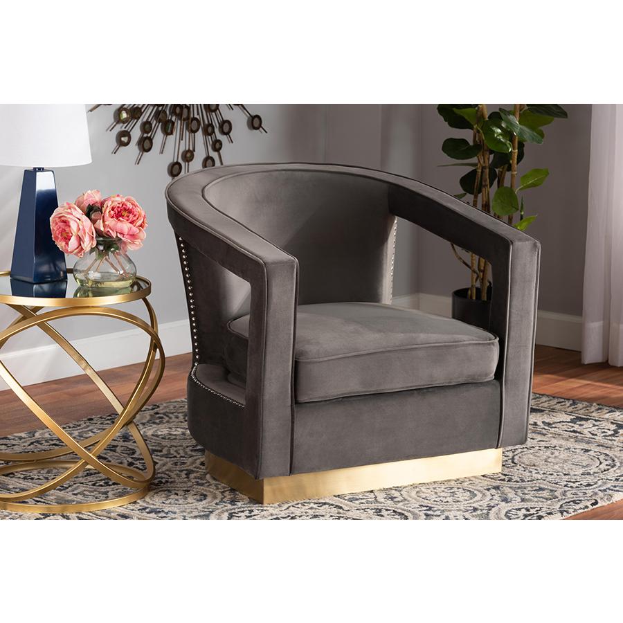 Baxton Studio Neville Modern Luxe and Glam Grey Velvet Fabric Upholstered and Gold Finished Metal Armchair. Picture 7