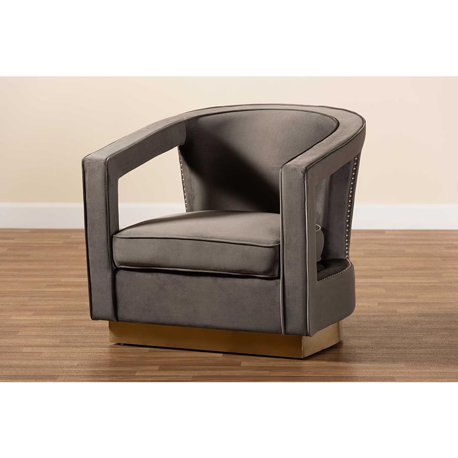 Baxton Studio Neville Modern Luxe and Glam Grey Velvet Fabric Upholstered and Gold Finished Metal Armchair. Picture 8
