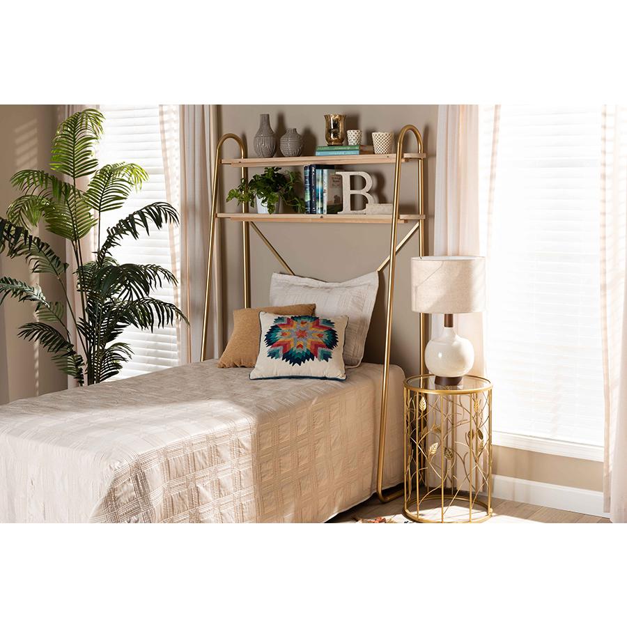 Baxton Studio Merida Glam and Luxe Brushed Gold Finished Metal and Natural Brown Finished Wood 2-Tier Over Bed Twin Size Storage Display Shelf. The main picture.
