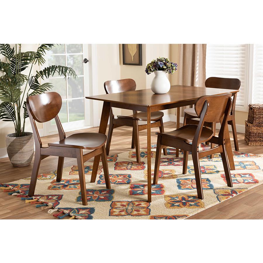 Katya Mid-Century Modern Walnut Brown Finished Wood 5-Piece Dining Set. Picture 7